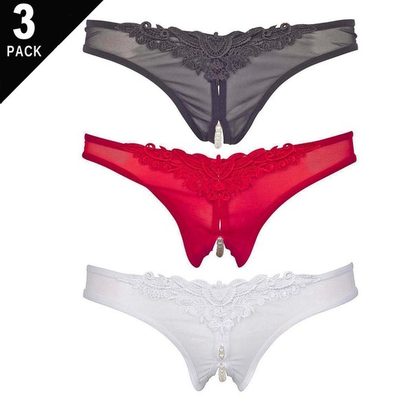 3-Pack Plus Size Crotchless Thongs with Pearls Black Red White Set 1x 2x 3x 4x